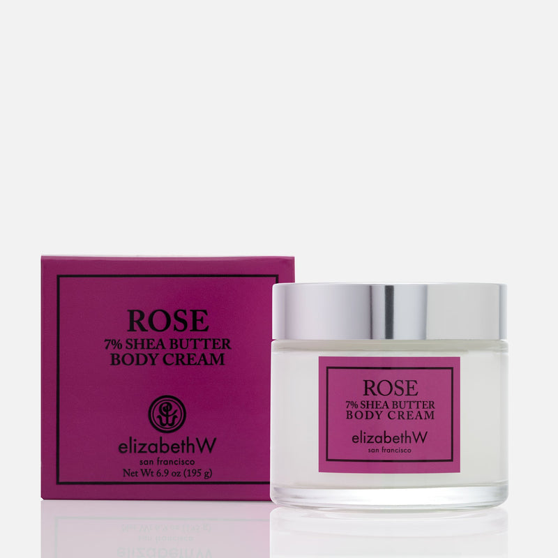 A jar of Elizabeth W Signature Rose Body Cream with 7% shea butter alongside its matching pink box, both labeled clearly, against a white background.