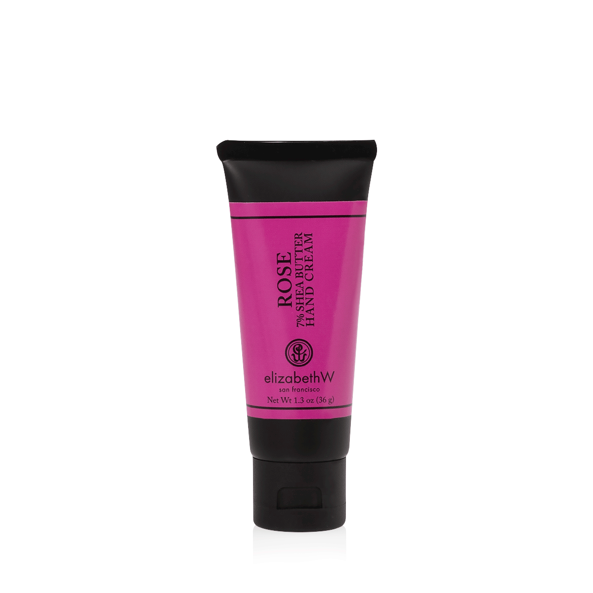 A pink tube of elizabeth W Signature Rose Hand Cream - Mini isolated on a white background. The tube is standing upright, and the cream is visibly advertised as weighing 1.