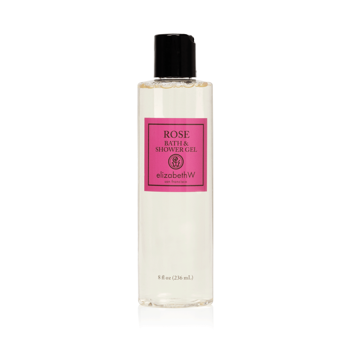 A transparent bottle of elizabeth W Signature Rose Bath & Shower Gel with a black cap, labeled in pink and white, containing 8 fl oz (236 ml) of product scented with wild roses.