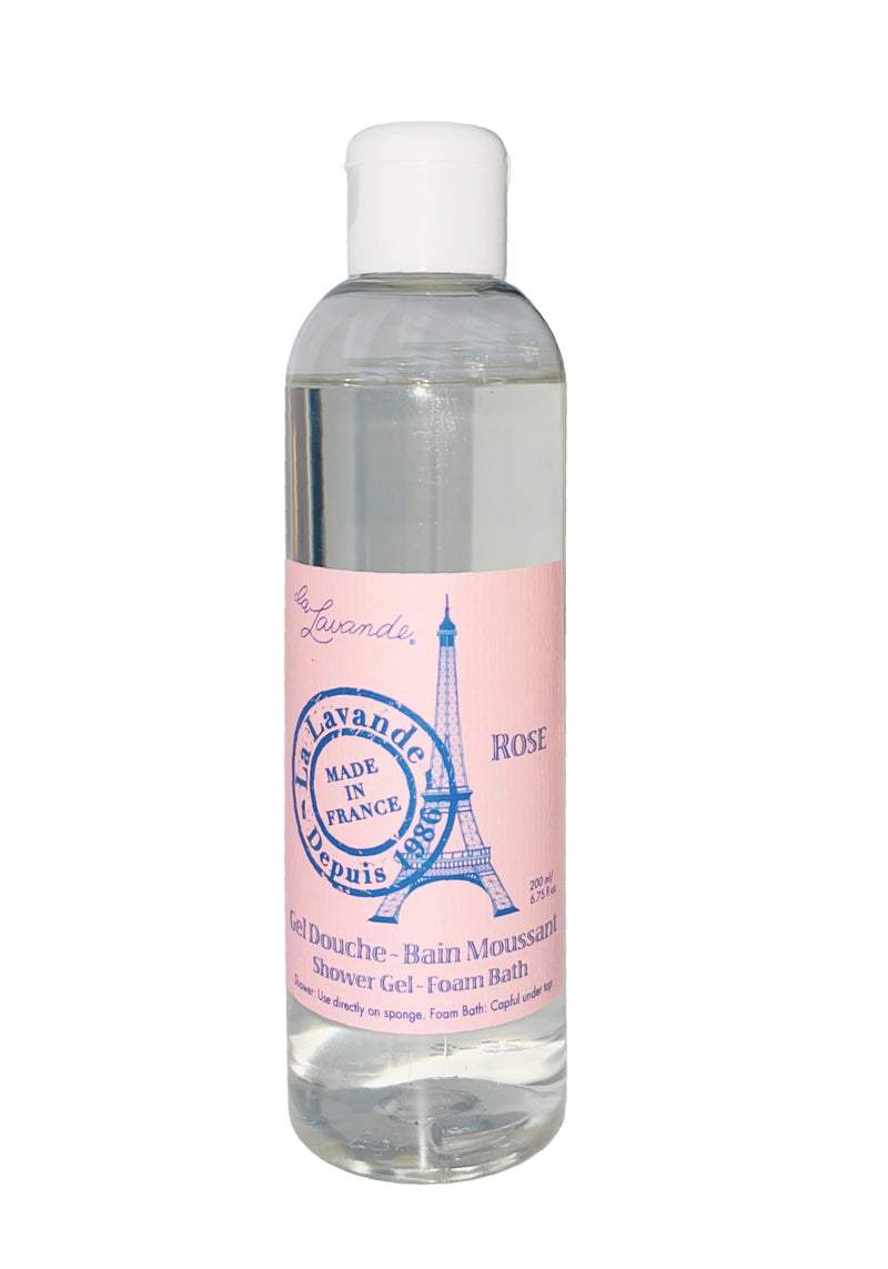 A transparent bottle of La Lavande Rose Shower Gel - Foam Bath labeled in French, featuring a stylized image of the Eiffel Tower, made in France.