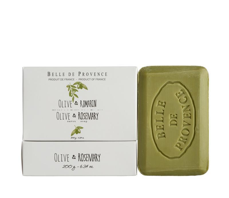 Two Lothantique Belle de Provence Olive & Rosemary 200gm Soap bars, one packaged, labeled "olive & rosemary", and one green, embossed with company name, all against a white background.