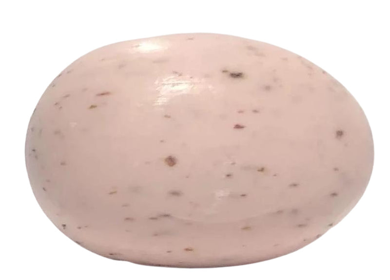 A La Lavande Egg Soap - Rose Petal speckled pink soap bar isolated on a white background.