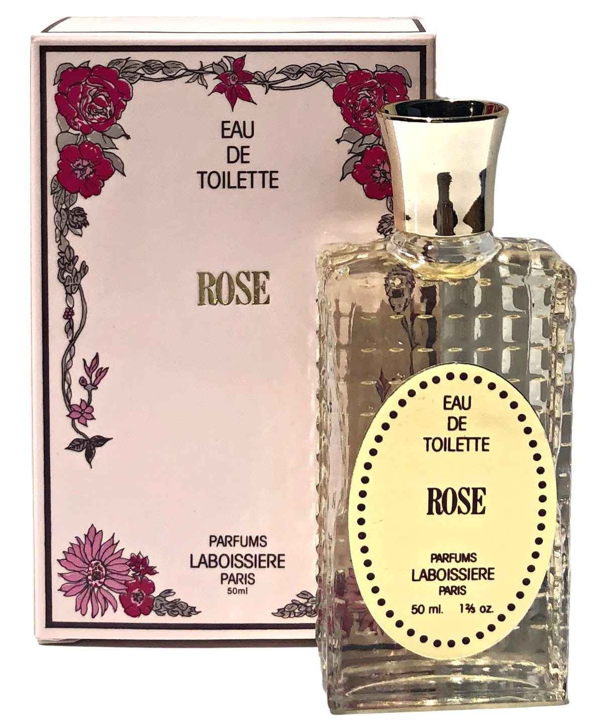 A Laboissiere Rose Eau de Toilette next to its pink and floral decorated box labeled "Laboissiere Parfums Paris, 50ml." The bottle is clear with