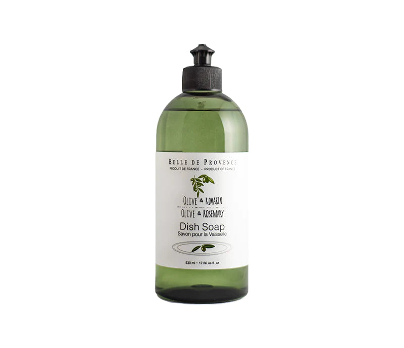A bottle of Lothantique Belle de Provence Olive & Rosemary 500ml Dish Soap against a white background. The bottle is transparent with a black pump and contains green liquid.