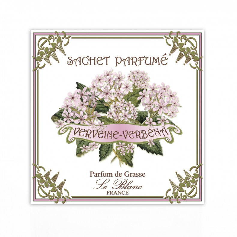 Vintage-style illustration of a Le Blanc Verbena scented sachet labeled "sachet parfumé verveine-verbena" by Parfum de Grasse, Le Blanc Made in France, featuring pink flowers.