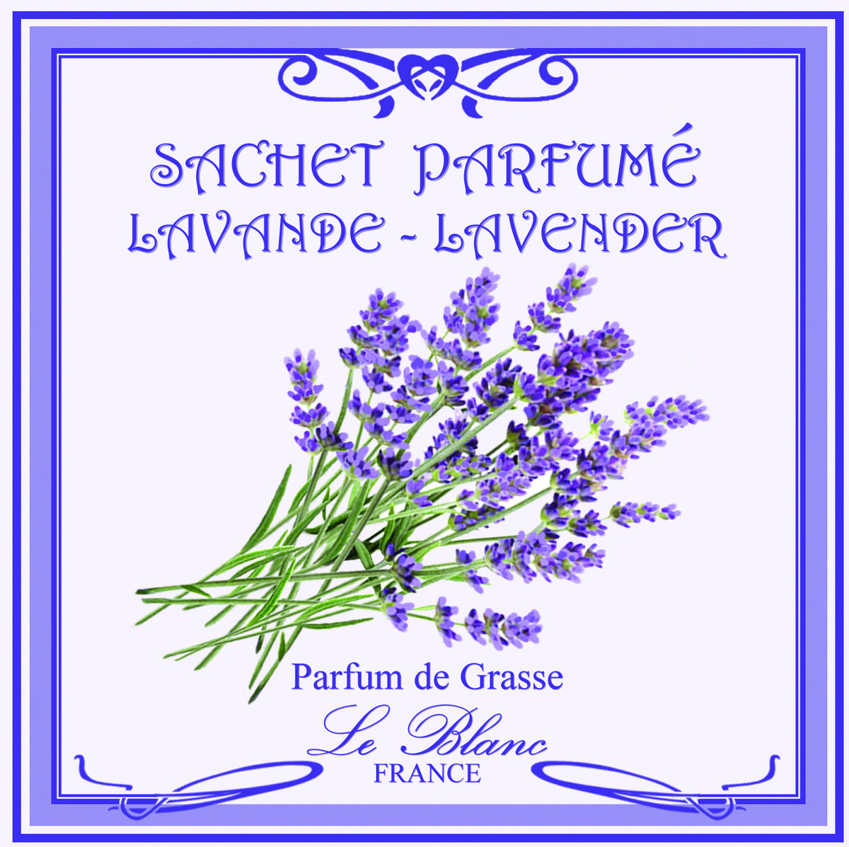 Elegant label design featuring the words "Le Blanc Lavender Scented Sachet - lavender perfume" and "parfum de grasse Le Blanc Made in France" with an illustration of fresh lavender sprigs against a.