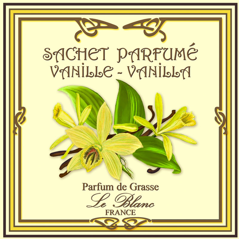A vintage style advertisement with ornate borders featuring yellow vanilla flowers and dark vanilla pods. Text reads "Le Blanc Vanilla Scented Sachet - vanilla perfume" and "parfum de grasse Le Blanc Made in France.