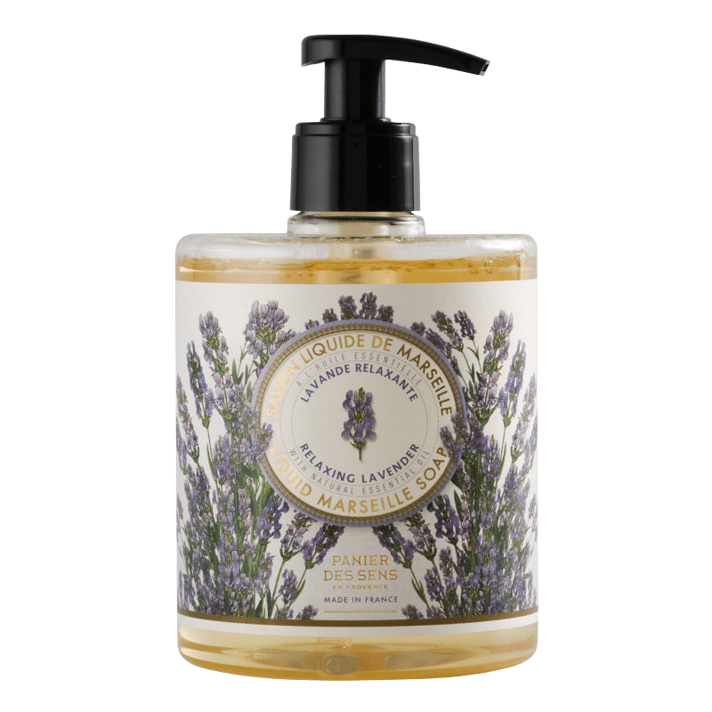 A transparent pump bottle of Panier Des Sens Lavender Liquid Marseille Soap, labeled in French, with lavender illustrations on the label, against a plain background.