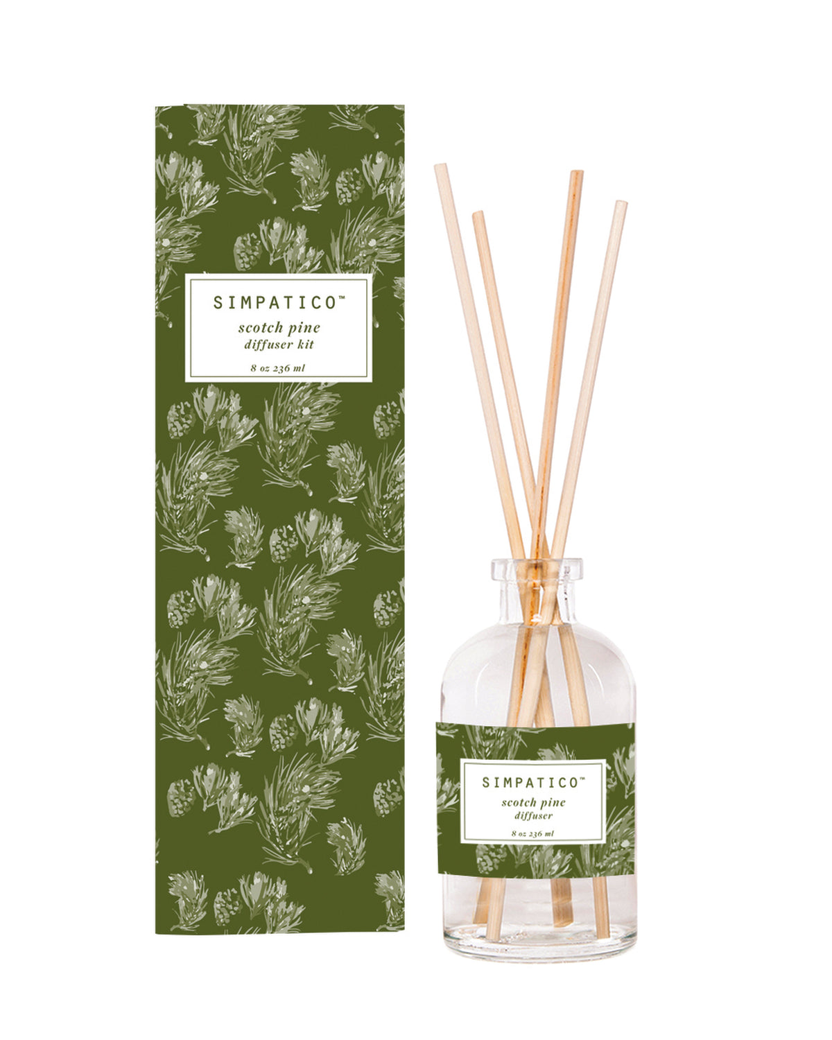 A Simpatico Scotch Pine Diffuser with essential oils in a bottle labeled "simpatico scotch pine #72" and wooden sticks, placed next to its packaging box featuring a green, pine needle design.