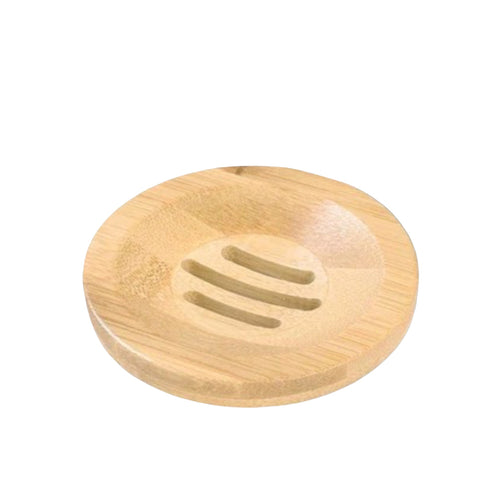 A round Lizush wooden shower steamer tray with three grooves in the center, designed to hold a shower steamer and allow water to drain, set against a white background.