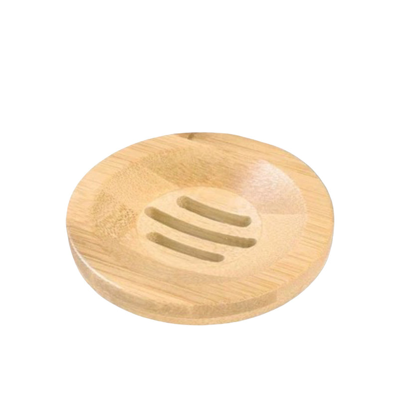 A round Lizush wooden shower steamer tray with three grooves in the center, designed to hold a shower steamer and allow water to drain, set against a white background.