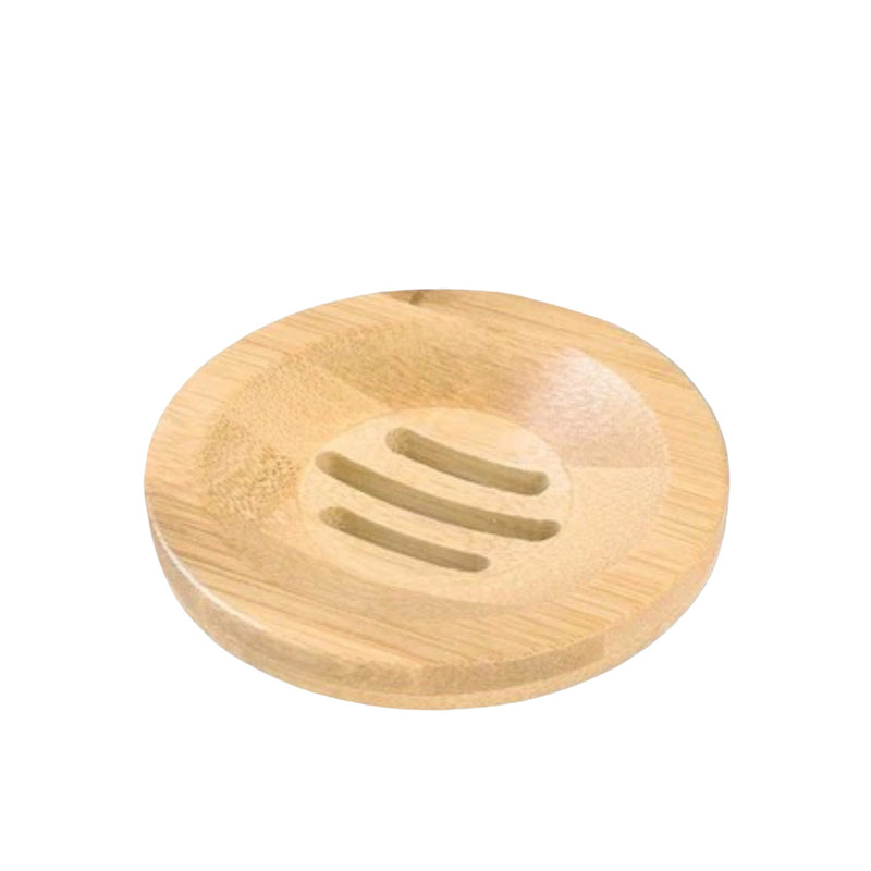 A circular Odds & Ends wooden shower steamer tray with three grooves in the center, set against a plain white background.