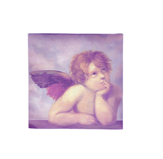 Painting of a thoughtful cherub with curly hair and amber wings, resting its cheek on one hand against a soft purple background, Le Blanc Amber Sachet - Raphael Cherubs (1515) by Le Blanc Made in France.