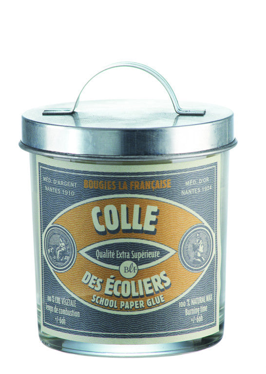 A vintage-style metal container of Bougies la Francaise Artisan School Paper Glue Candle w/Galvanized Lid, featuring classic orange and beige labels with French text, now reinvented as a scented candle.