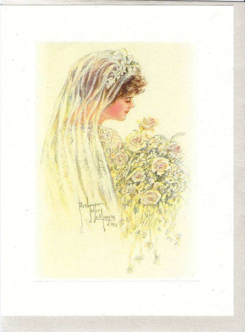 Illustration of a woman in a veil holding a bouquet of flowers, with soft, pastel colors. The image is signed "Earl Mayan 1981" at the bottom left corner, All Occasion Greeting Card - Sparkle Bride from Greeting Cards.