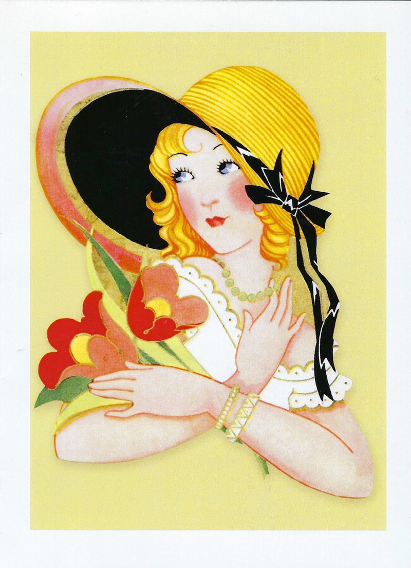 Vintage illustration of a woman with curled blonde hair wearing a large yellow hat adorned with a black ribbon, holding a bouquet of red flowers. She's displayed against a light yellow background on Greeting Cards' All Occasion Greeting Card - Spring Bonnet.