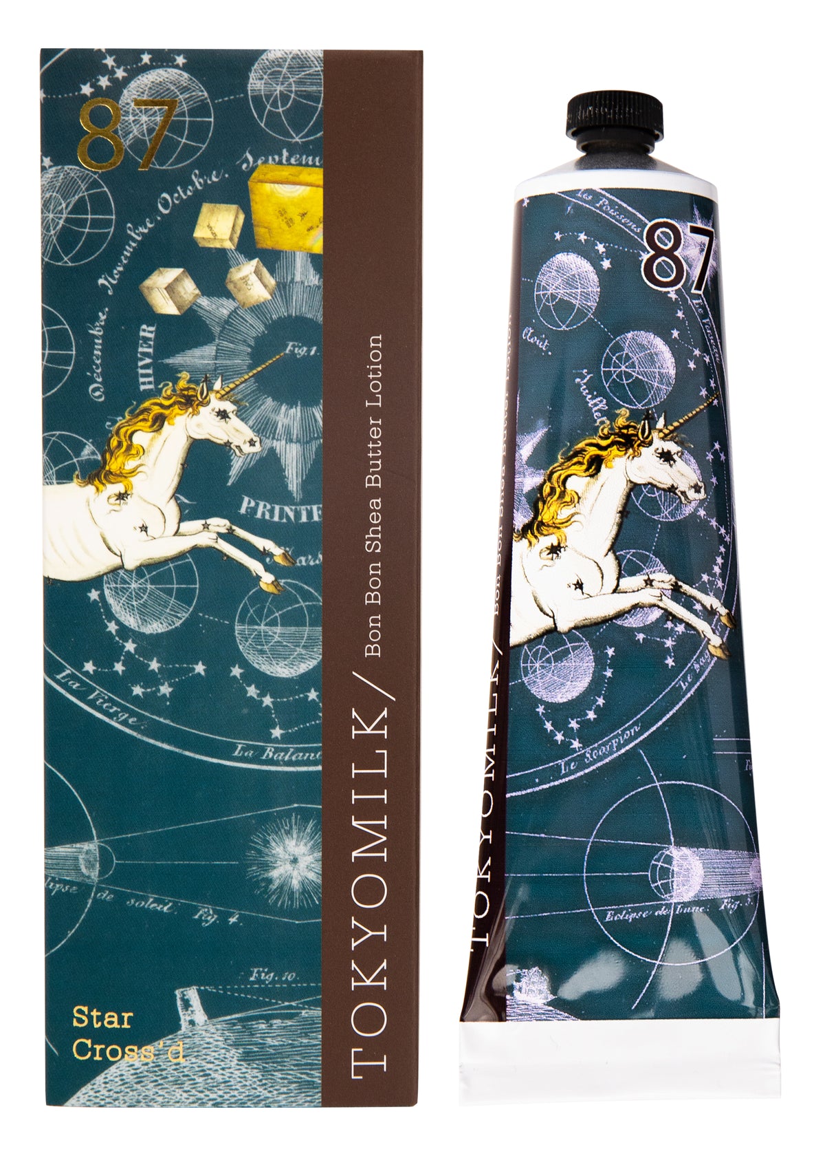 An image of Margot Elena's TokyoMilk Star Cross'd No. 87 Bon Bon Shea Butter Lotion in a uniquely designed tube and its matching box, both decorated with celestial graphics and a white unicorn, infused with shea butter.