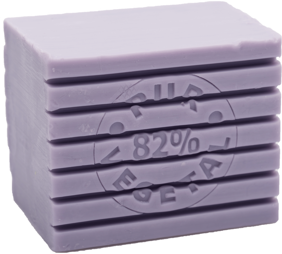 Stack of La Savonnerie de Nyons Lavender Striped Soap bars with "82%" and other inscriptions embossed on them, against a light background.