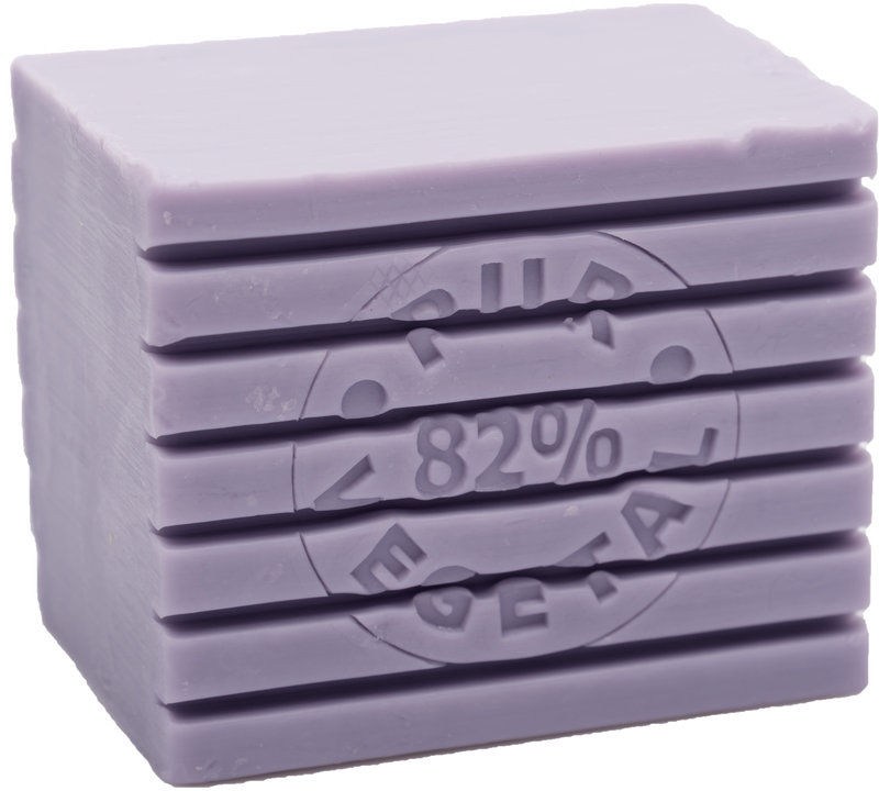Stack of five La Savonnerie de Nyons Lavender Striped Soap bars, each embossed with various symbols and "82% extra" visible on the top bar. These bars are enriched with organic shea butter.