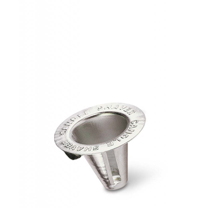 A Bougies la Francaise Metal Candle Sharpener with engraved text around the rim, isolated on a white background.