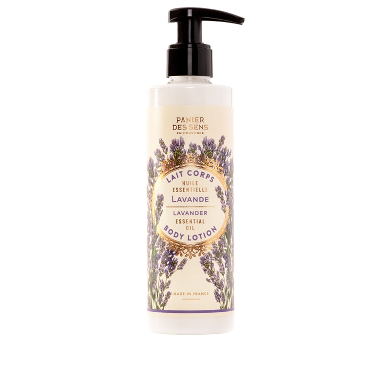 A bottle of Panier Des Sens Lavender Hand & Body Lotion with a pump dispenser, decorated with lavender illustrations, labeled in French and stating "Made in France.