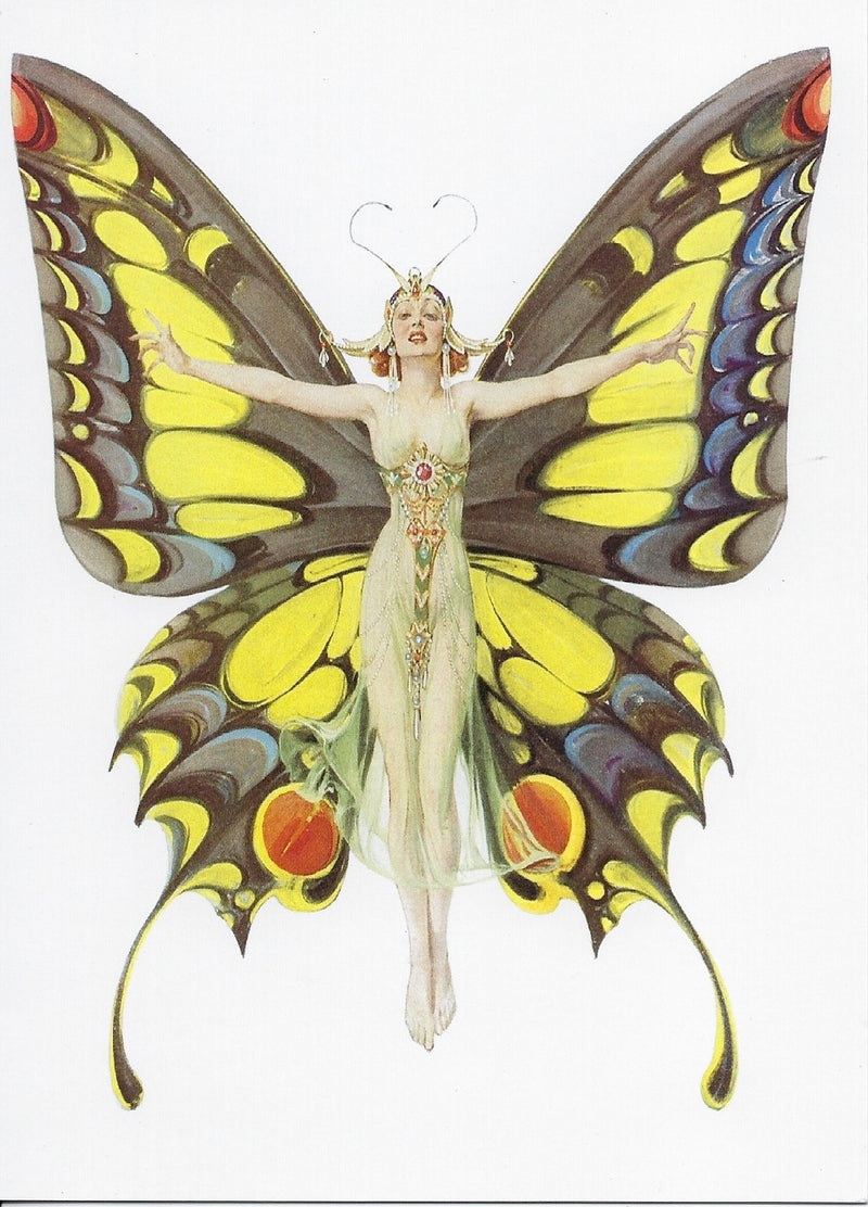 A fantastical image of a person dressed as a butterfly, suitable for a 1922 magazine cover, featuring large, colorful wings, ornate costume with yellow and blue patterns, standing gracefully with arms - All Occasion Greeting Card - The Flapper by Greeting Cards.