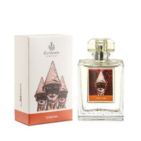 A Carthusia Terra Mia Eau de Parfum bottle next to its packaging, featuring an artistic illustration of three figures with conical hats and enhanced with the fragrance notes of Neroli; the Carthusia I Profumi de Capri label reads "Terra Mia.
