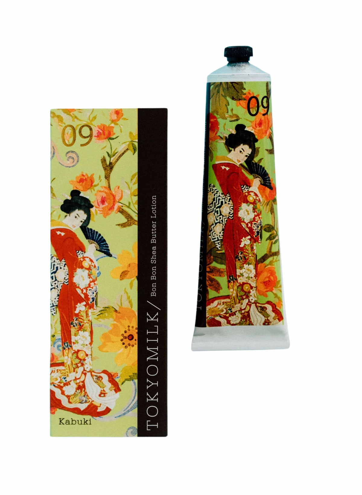 Image of a Margot Elena TokyoMilk Kabuki No. 9 Bon Bon Shea Butter Lotion packaging and tube decorated with a colorful floral design and a traditional Japanese kabuki female character in a red kimono, infused with Japanese Green Tea.
