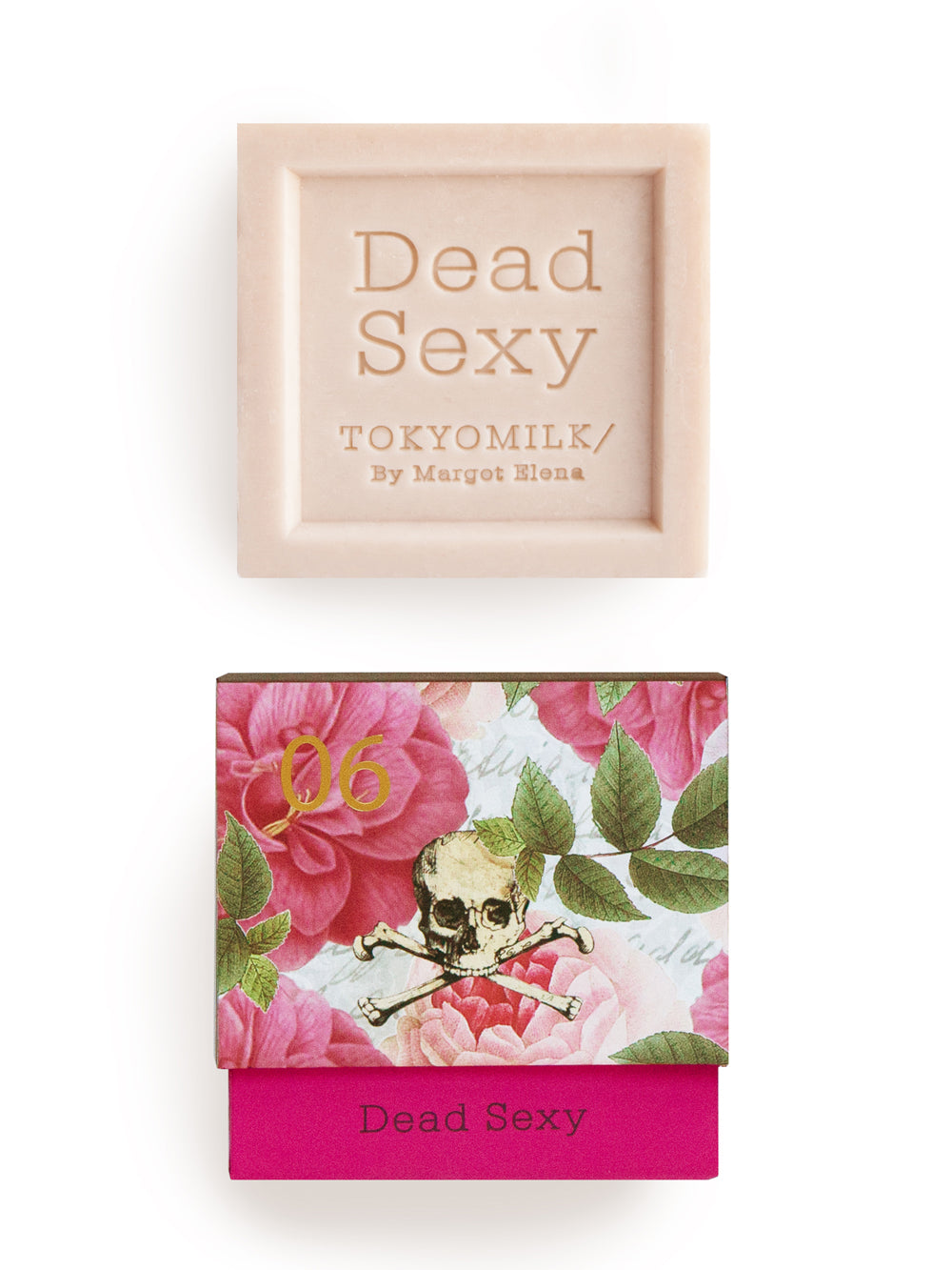 Two "TokyoMilk Dead Sexy" products by Margot Elena: a pink-framed bar of French Soap and a floral box with a skull design on the cover.