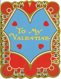 A very decorative Greeting Cards Valentine's Day Greeting Card with a red heart-shaped center surrounded by golden patterns, red and orange details, and the phrase "to my valentine" in elegant script on a blue background.