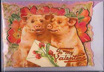 A vintage 3-D Greeting Cards featuring two smiling pigs surrounded by red roses, with a white envelope that reads "to my valentine" in cursive script.