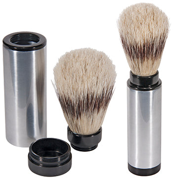 Two Odds & Ends Badger Shave Brush - Travel, shown with their metallic protective cases, one open and one closed, on a white background.