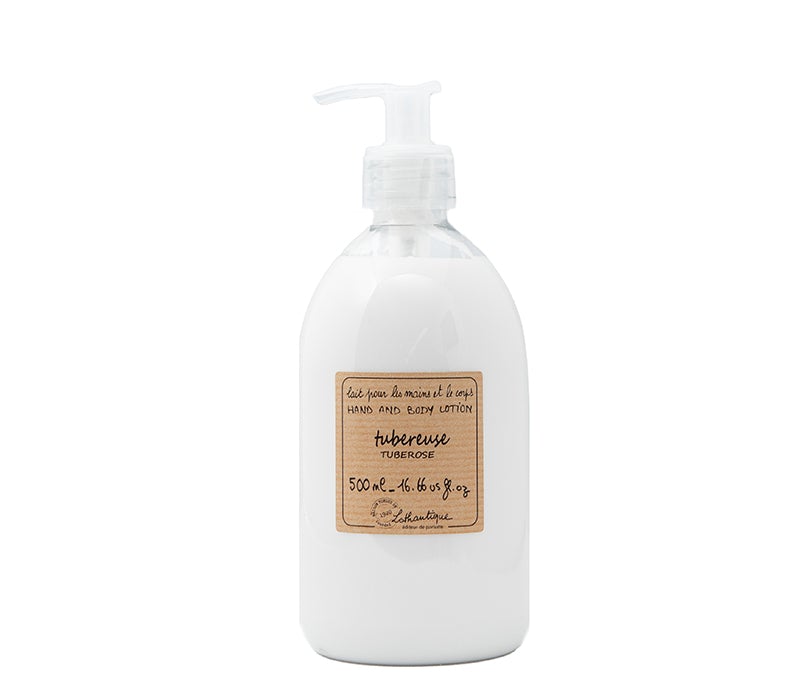 A white pump dispenser bottle of Lothantique Tuberose Hand & Body Lotion containing 500 ml, isolated on a plain white background.