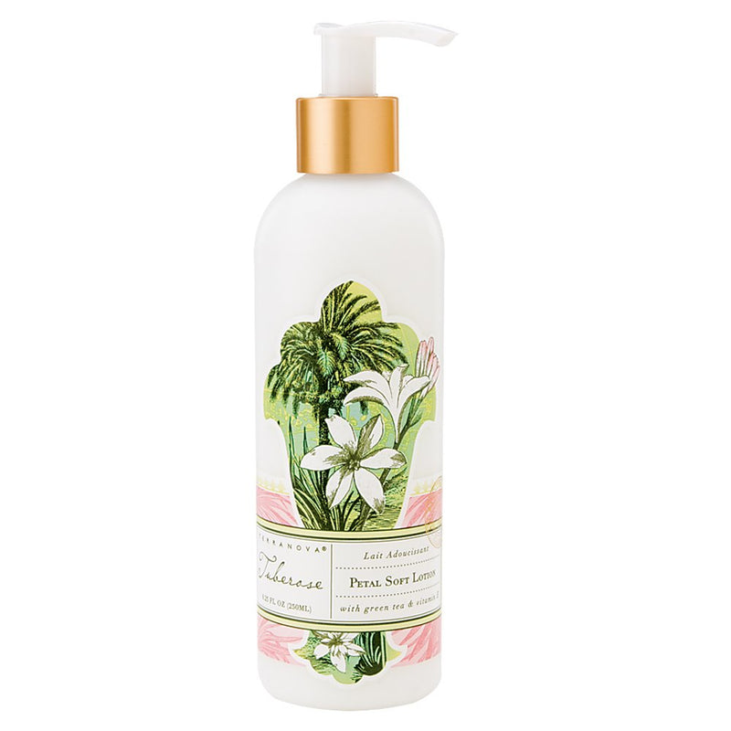 A white bottle of Terra Nova Tuberose Petal Soft Lotion with a pump dispenser, decorated with a tropical floral design, featuring a green fern and white flowers.