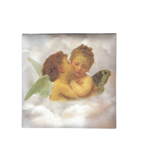 Two cherubs with wings embracing among clouds, depicted in a soft, ethereal painting with gentle, muted colors resembling the delicate scent of Le Blanc Amber Sachet - William Adolphe Bouguereau "First Kiss" 1889.