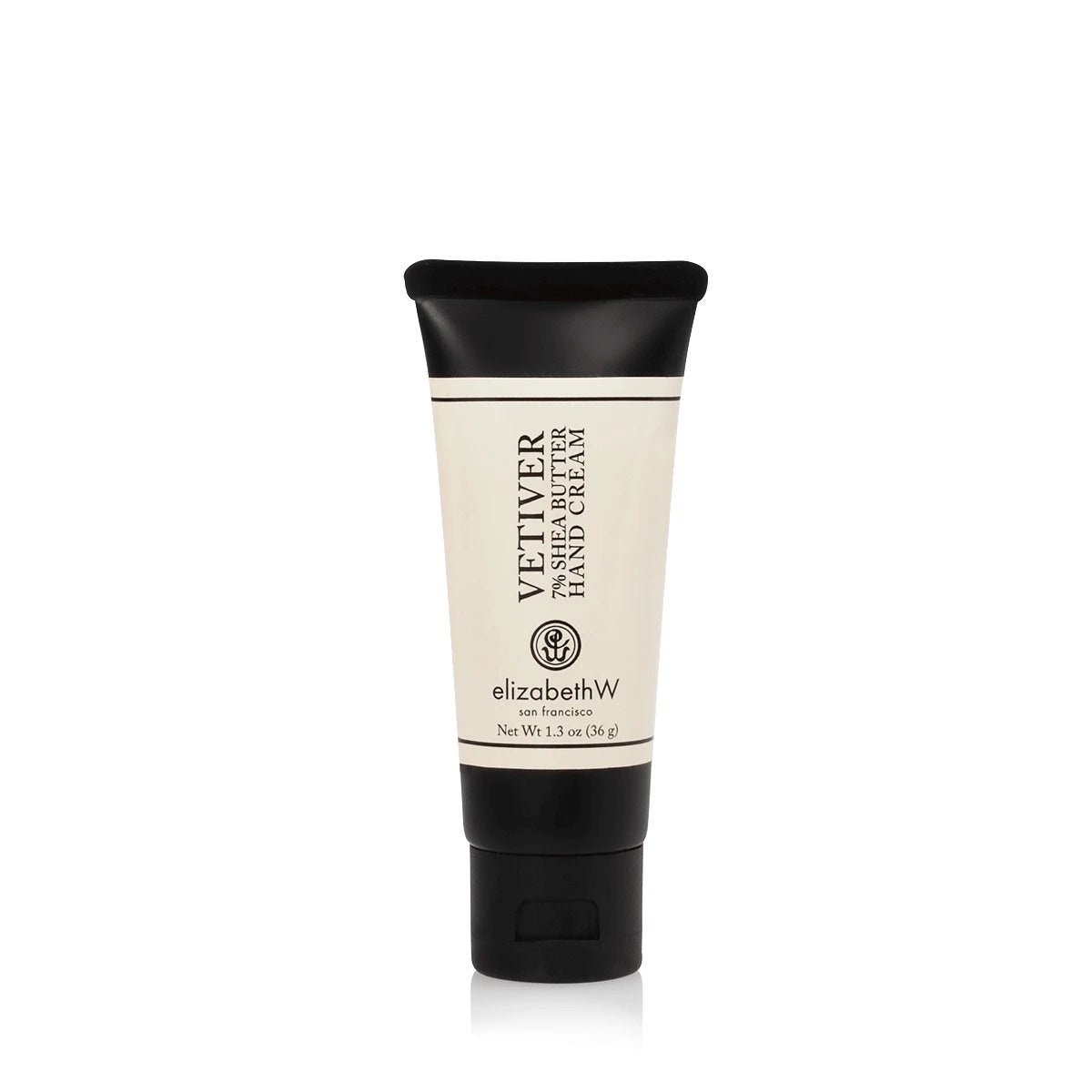 A single, upright tube of elizabeth W Signature Vetiver Mini Hand Cream on a plain white background, clearly displaying the product label.
