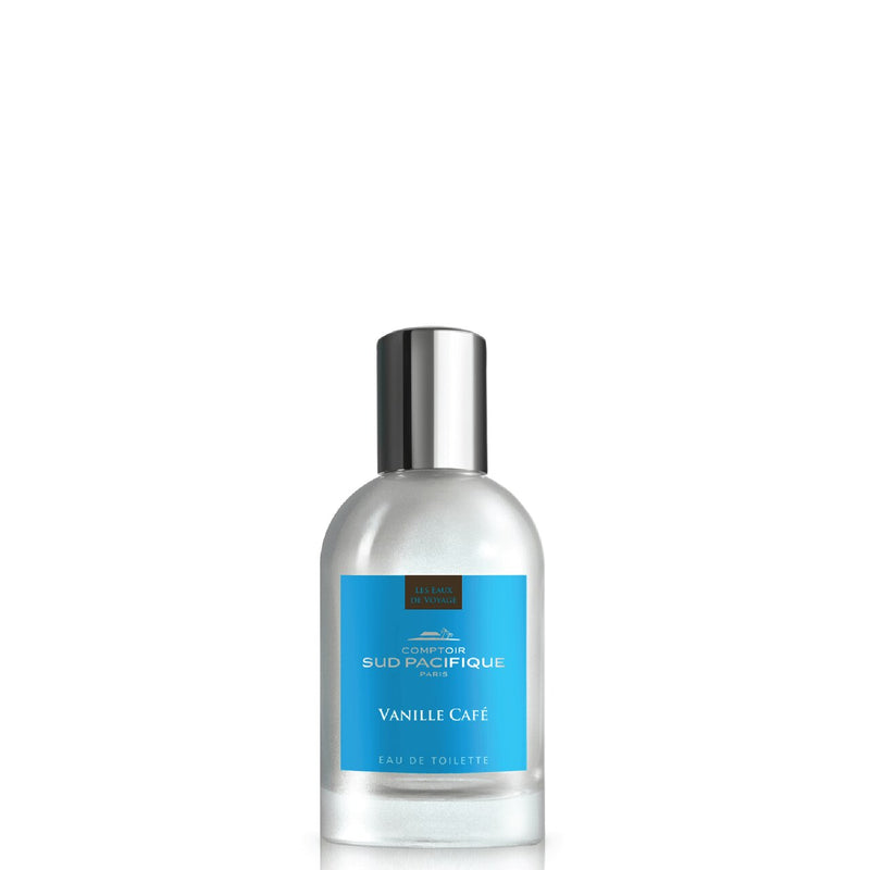 A bottle of Comptoir Sud Pacifique Paris Vanille Cafe eau de toilette against a white background, featuring a sleek silver design with a blue label and infused with vanilla absolute.