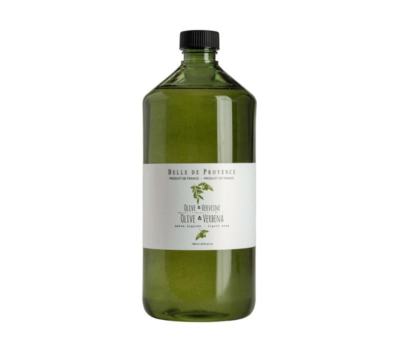 A large green bottle of Lothantique Belle de Provence Olive Liquid Soap Refill - Verbena with a white label on a plain background.