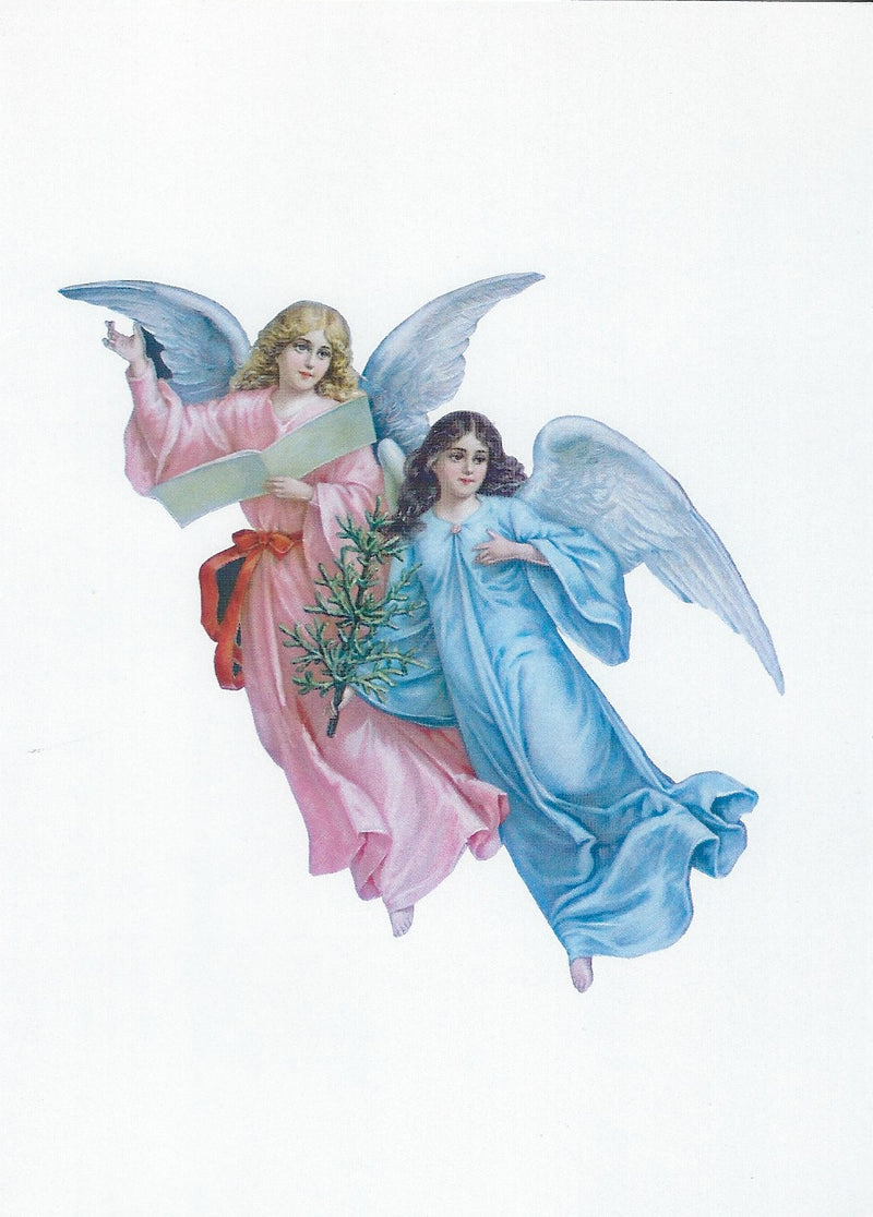 Two illustrated angels in flight, one dressed in pink and the other in blue, each with large white wings and holding Victorian scrap items, set against a plain background.