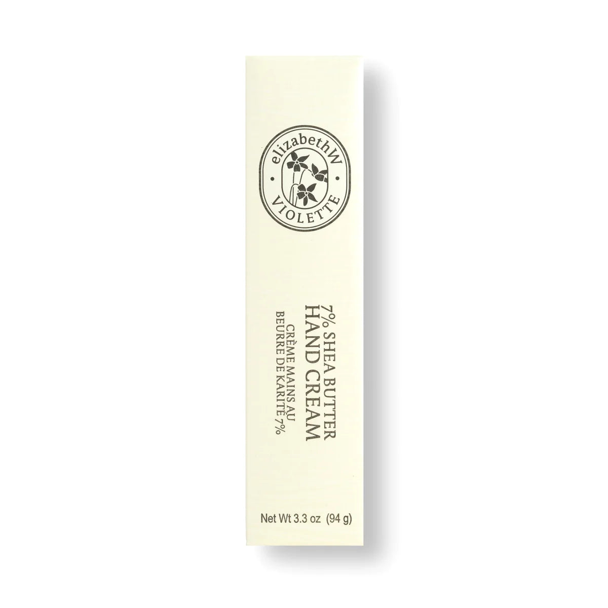 A rectangular white package for elizabeth W Atelier Violette Hand Cream with a black logo featuring a circular design, text, and stylized flowers around the edge.