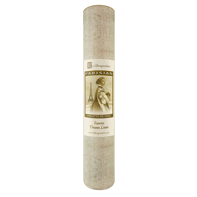 Cylindrical package of La Bouquetiere Violette de Paris scented drawer liners with elaborate beige floral patterns and an image of the Eiffel Tower, featuring a French fragrance.
