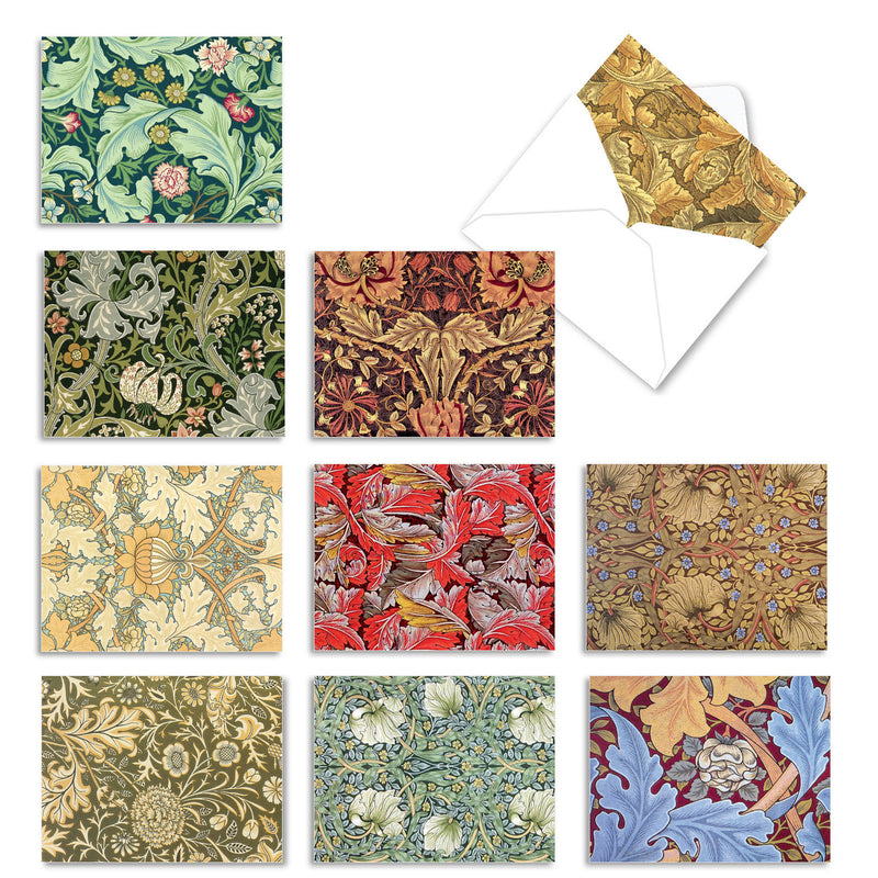 A collage of All Occasion Boxed Note Cards - Arts & Crafts Wall Art by The Best Card Co. with various elaborate floral and botanical prints inspired by vintage wallpapers, displayed in a grid format on a white background.