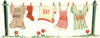Colorful clothesline with items labeled "cheer up," "Greeting Cards," and "Get Well soon" including socks, a towel, and shirts over a grassy background with flowers.