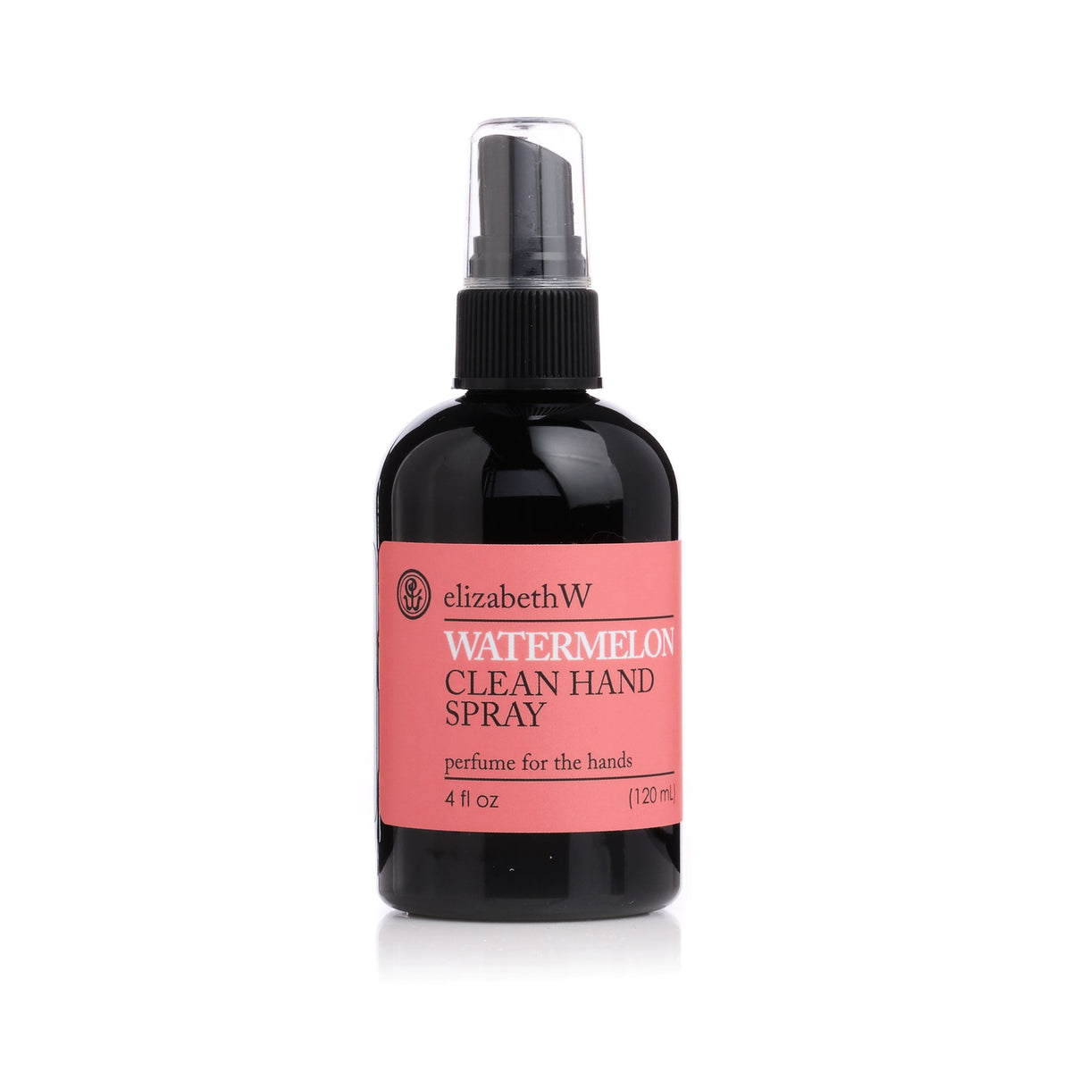 A bottle of elizabeth W Botanical Beauty Watermelon Clean Hand Spray with essential oils and a spray top, labeled clearly in elegant typography on a white background.