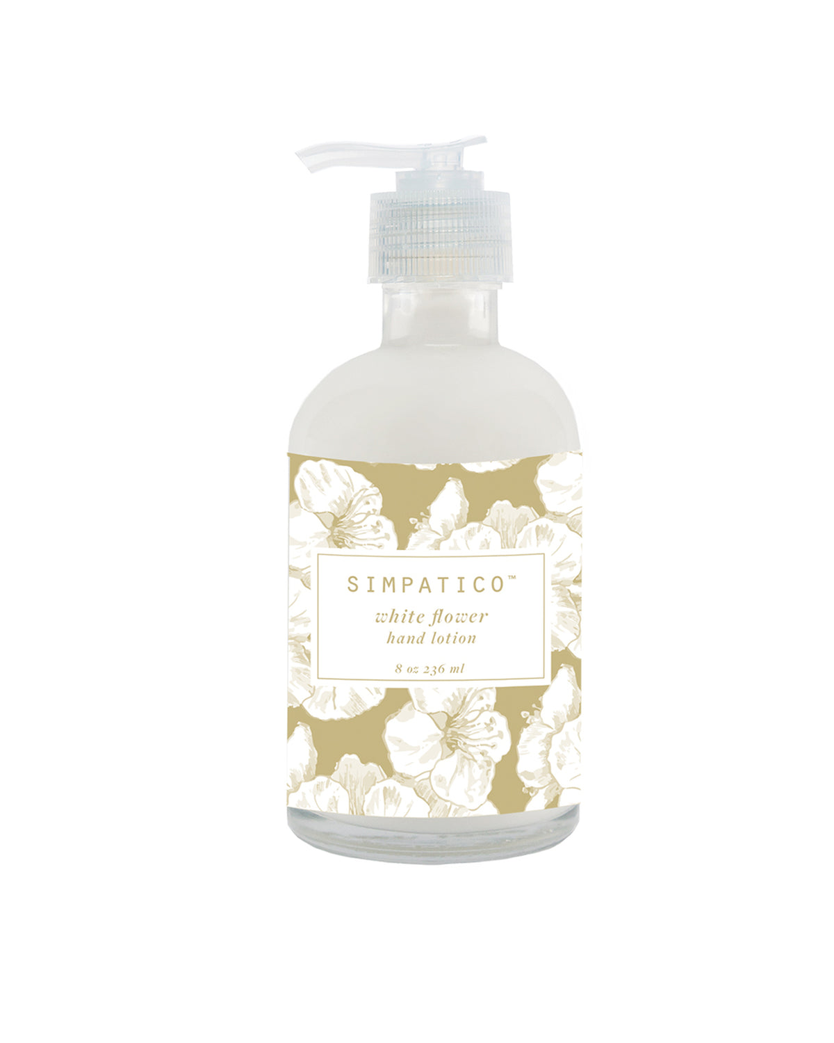 A clear bottle of Simpatico No. 42 White Flower Lotion with a pump dispenser, labeled with elegant floral designs in muted tones. It contains 8 oz (236 ml) of lotion formulated with natural ingredients.