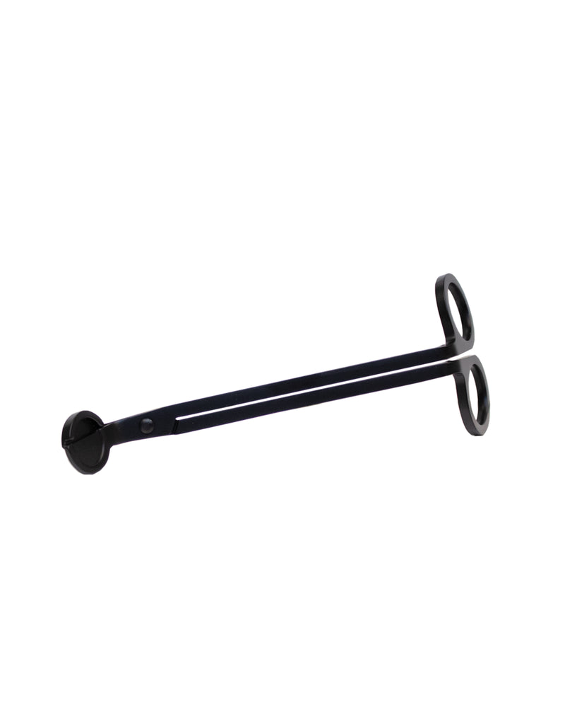Simpatico Candle Wick Trimmer - Black, isolated on a white background, with circular handles at each end.