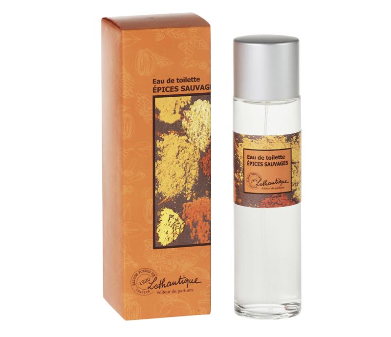 A bottle of Lothantique The Secrets of Josephine Wild Spices Eau De Toilette from Lothantique next to its orange and brown patterned packaging box, both adorned with images of spices.