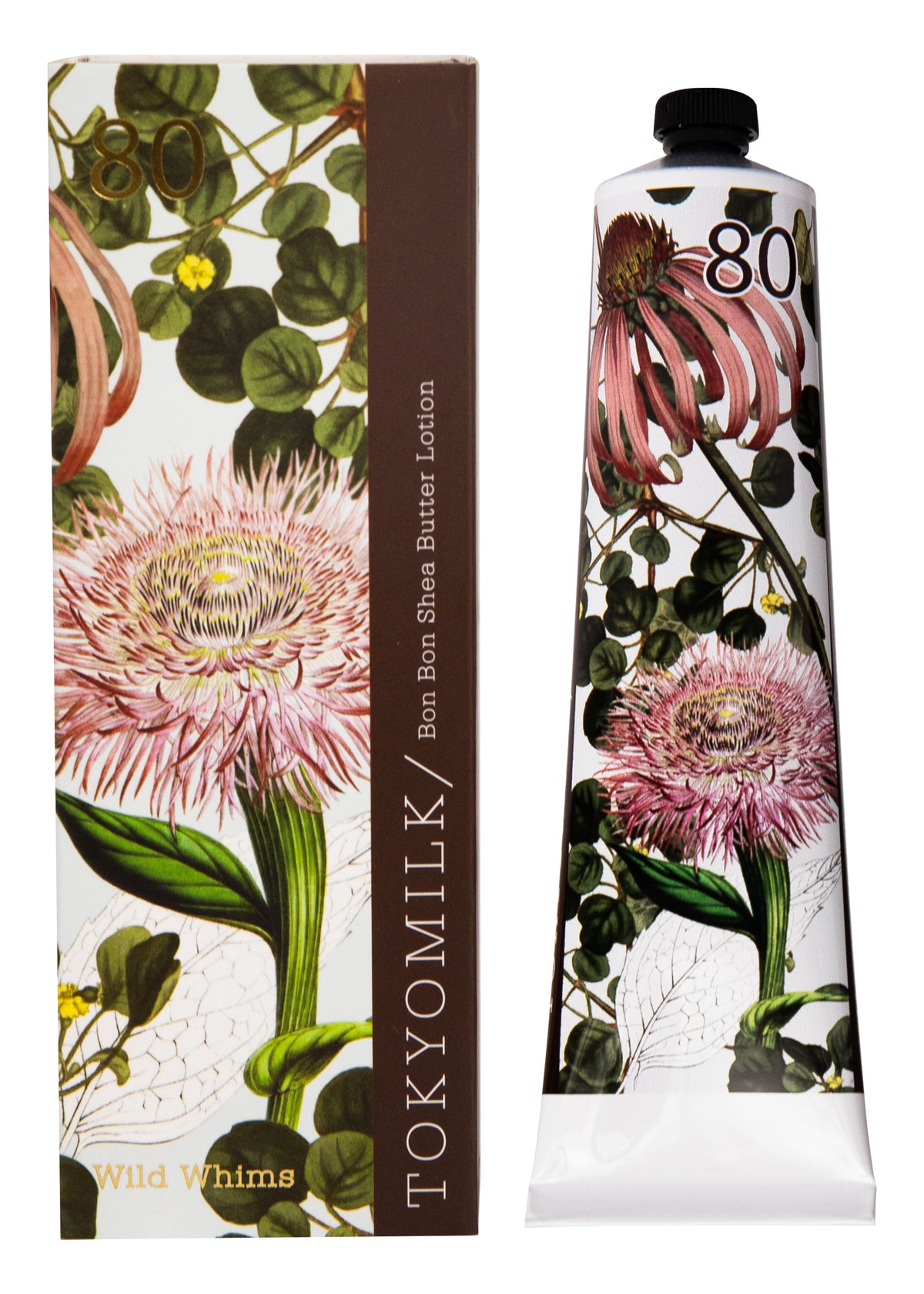 An elegantly designed Margot Elena TokyoMilk Wild Whims No. 80 Bon Bon Shea Butter Lotion packaging with botanical illustrations of pink and white flowers on a white background, featuring Shea Butter and a matching lotion tube to its right.