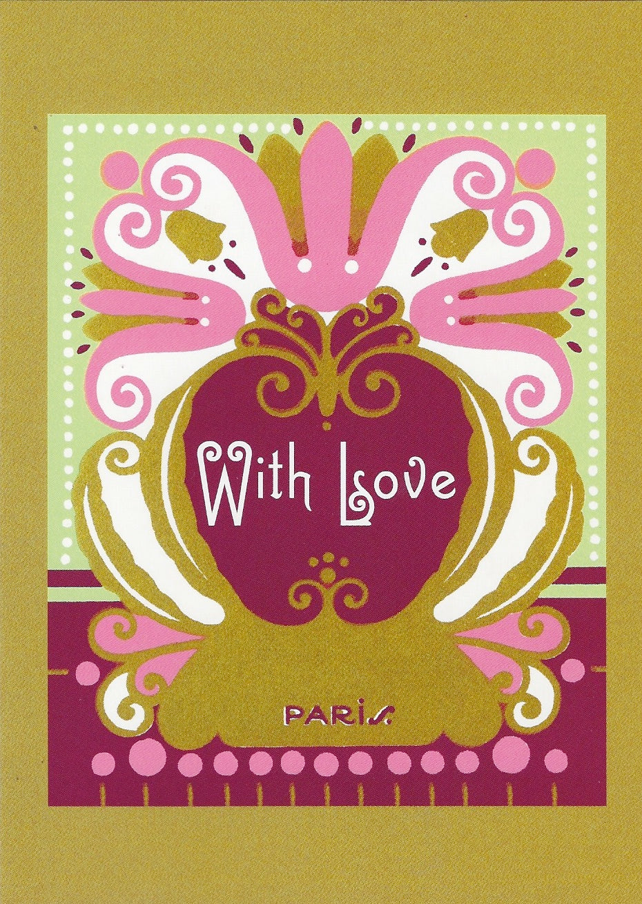 A colorful All Occasion Greeting Card - With Love with the words "with love" centered in a purple oval, surrounded by decorative pink and gold motifs and symmetrical patterns on a textured yellow background. "Paris" is printed at