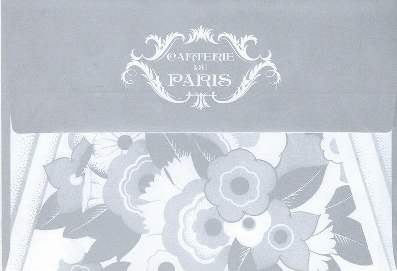 An elegant envelope, ideal for a Greeting Cards All Occasion Greeting Card - With Love, with "papeterie de paris" text in a decorative script, partially covering a black-and-white floral pattern underneath.